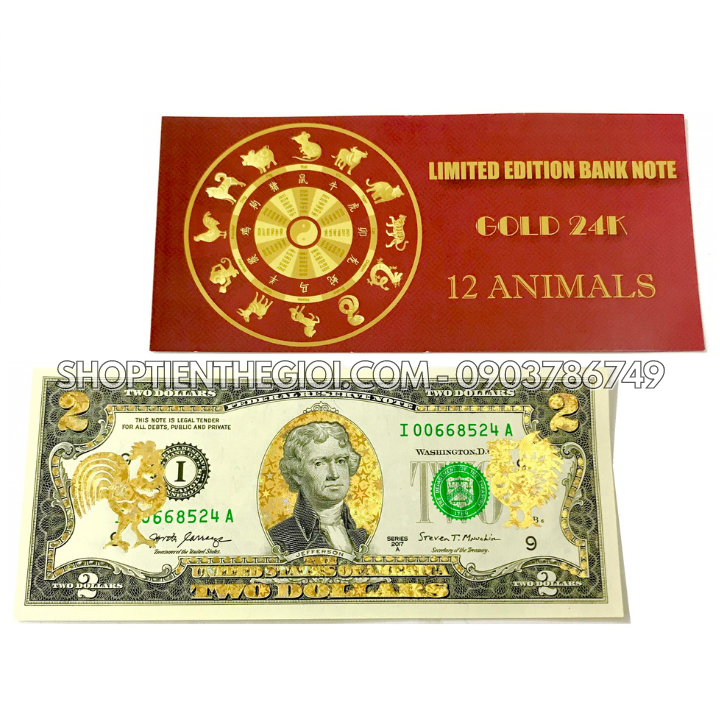 Tiền 2 USD in hình con Gà 3D nhũ vàng - SP005560